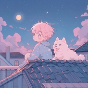 动漫卡通男生头像和一只狗和一只猫：在屋顶看天空