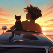 男生带着猫咪开车兜风的动漫头像